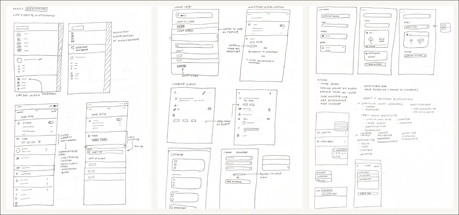 Sketches of low-fidelity wireframes for a UX design. 
